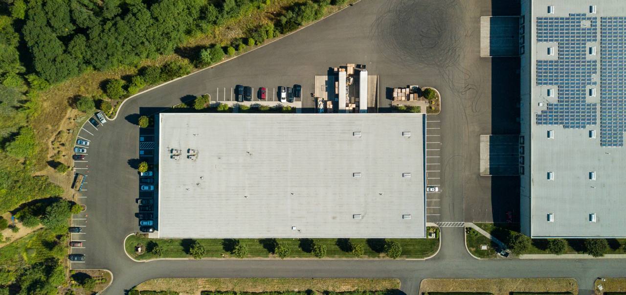 Aerial view of Greenspace Group facility at 5515 NE Wagon Dr, Hillsboro, OR with key delivery access points