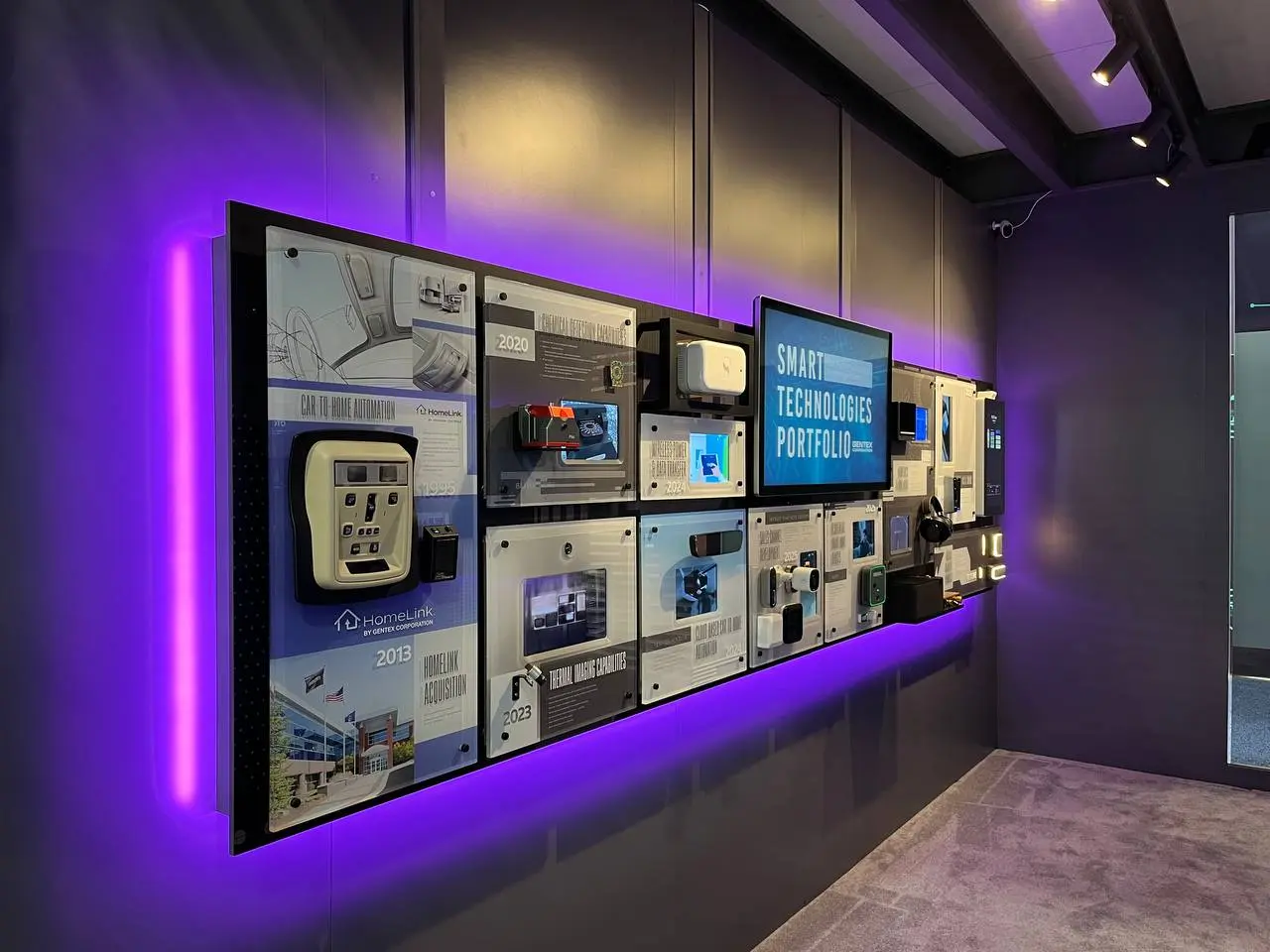 Gentex product timeline with purple LED lighting