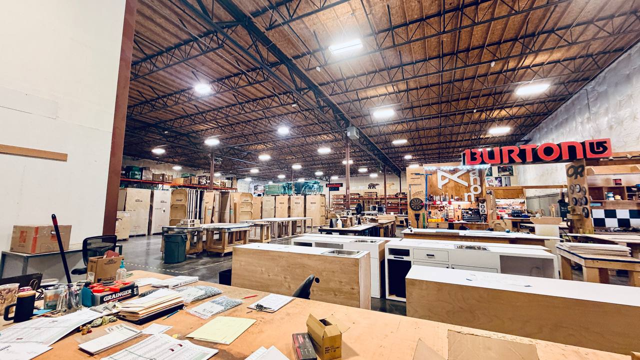 Greenspace Group fabrication floor with Burton exhibit