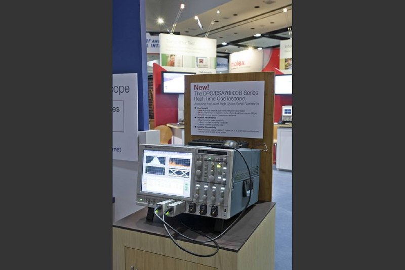 Tektronix oscilloscope on display pedestal with hands-on demo